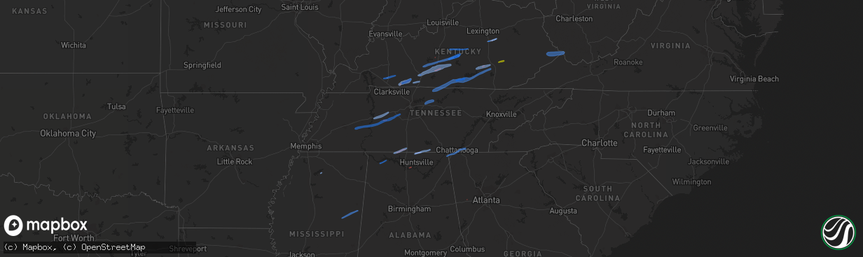 Hail map in Tennessee on January 1, 2022