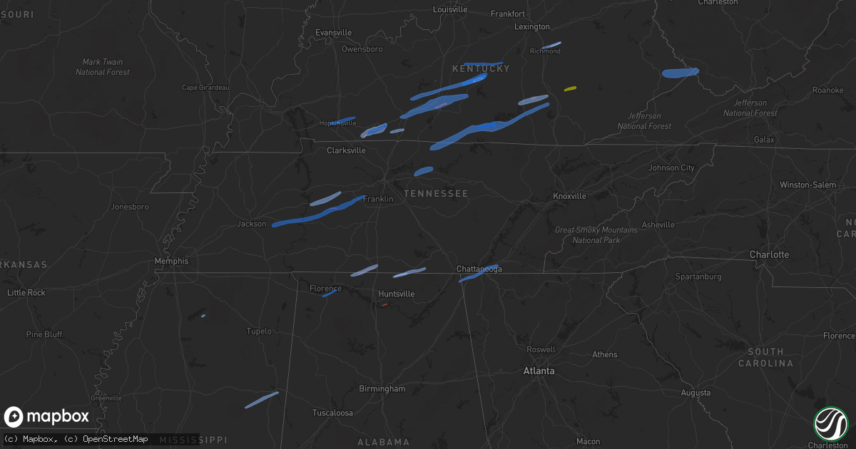 Hail map in Tennessee on January 1, 2022