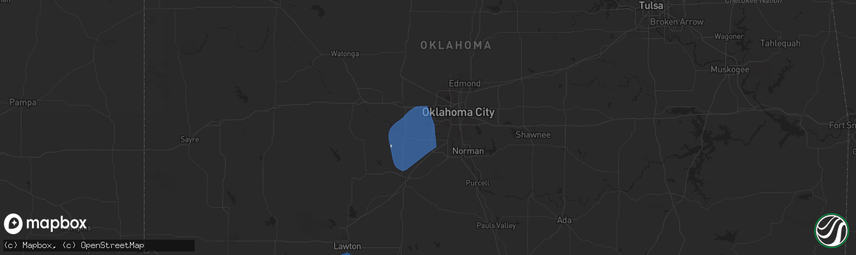 Hail map in Mustang, OK on January 7, 2026