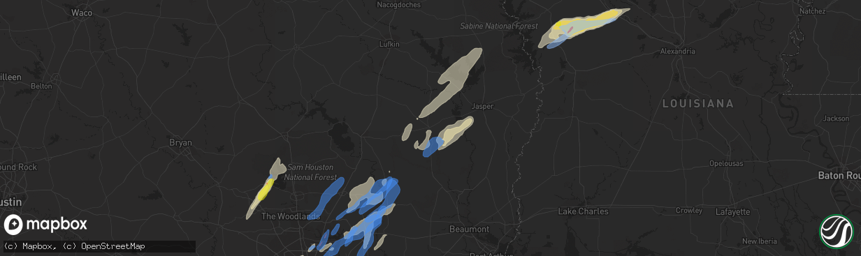 Hail map in Woodville, TX on January 8, 2022