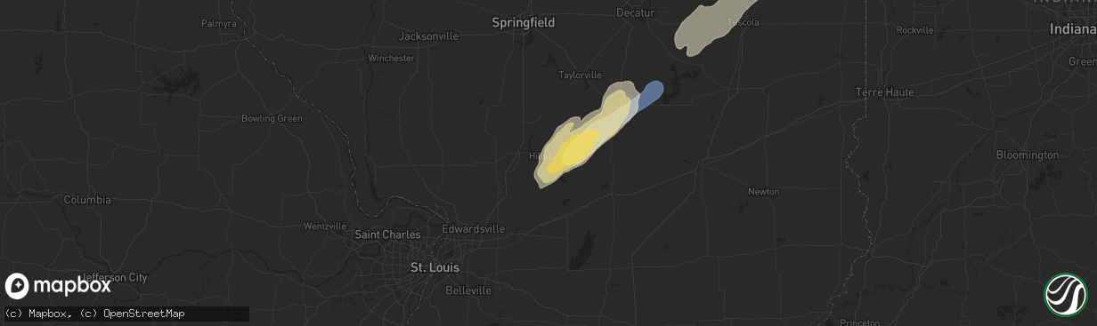 Hail map in Hillsboro, IL on January 8, 2026