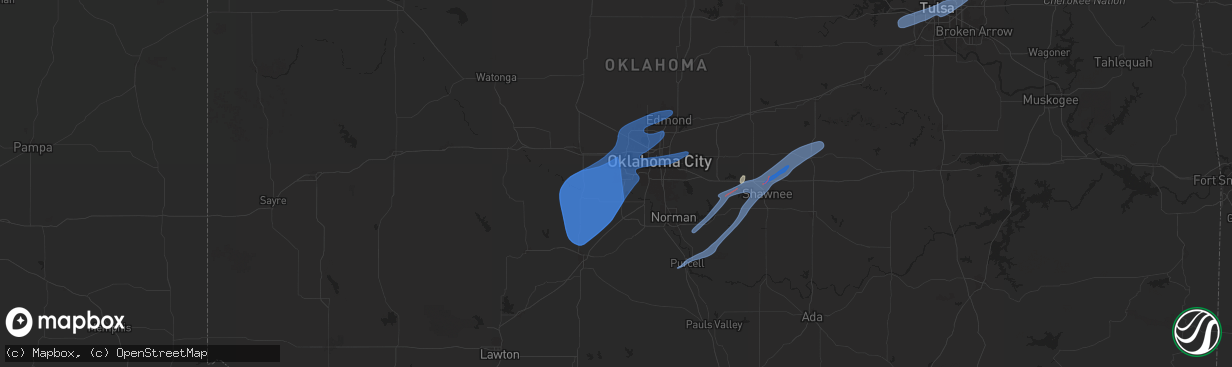 Hail map in Mustang, OK on January 8, 2026