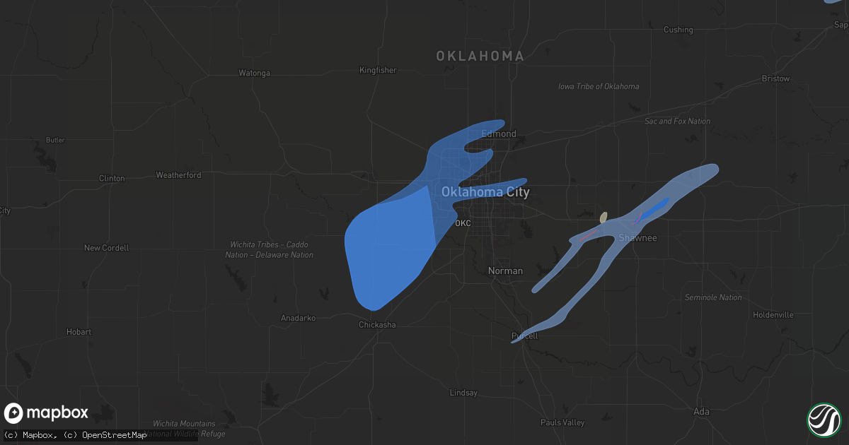 Hail map in Mustang, OK on January 8, 2026