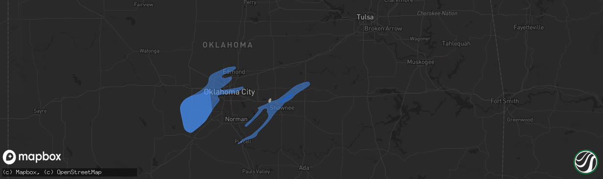 Hail map in Prague, OK on January 8, 2026