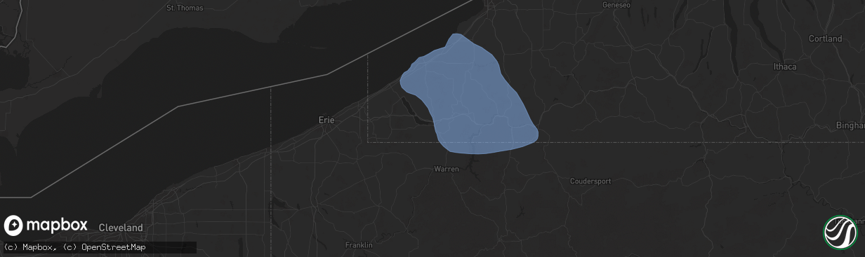 Hail map in Jamestown, NY on January 9, 2026