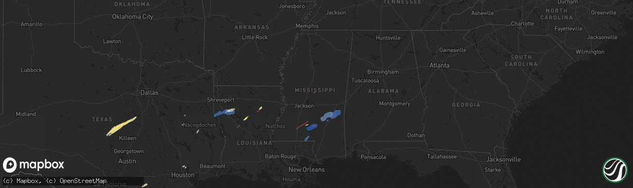 Hail map in Mississippi on January 9, 2026