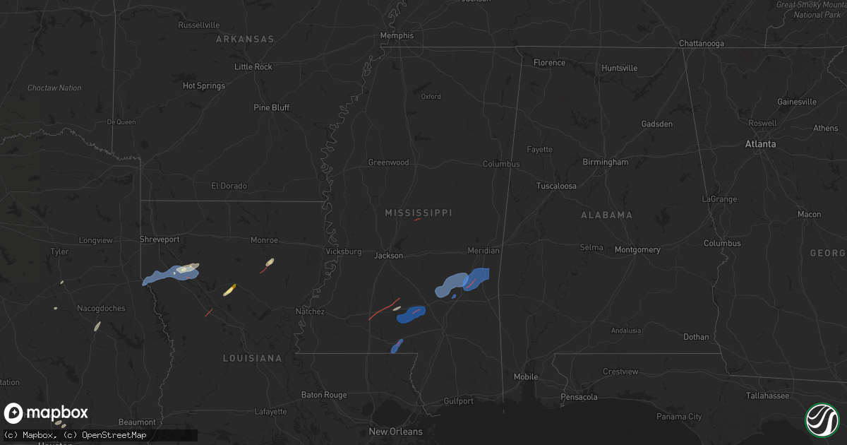 Hail map in Mississippi on January 9, 2026
