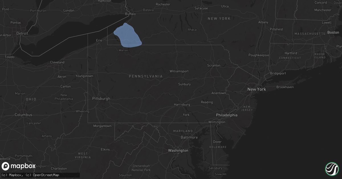 Hail map in Pennsylvania on January 9, 2026
