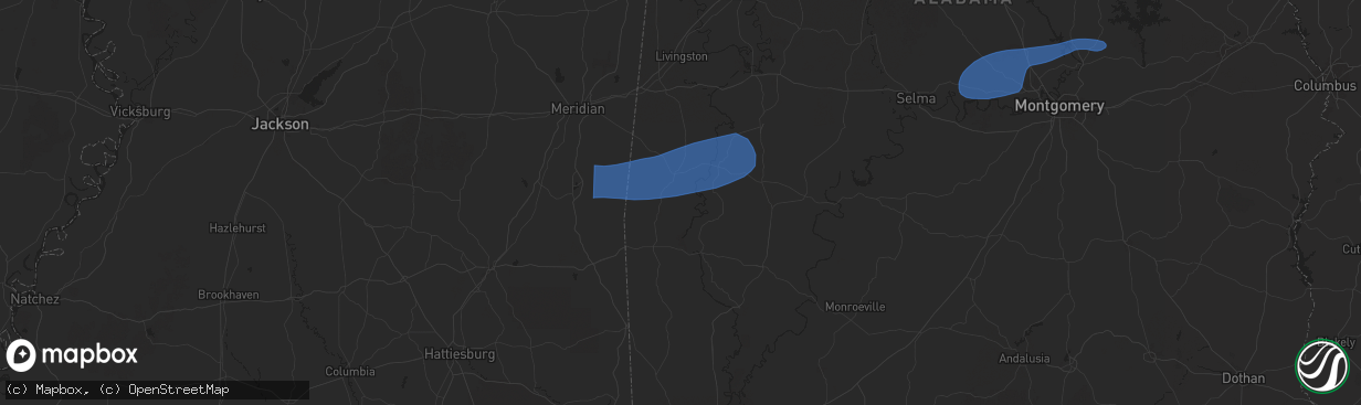 Hail map in Toxey, AL on January 10, 2026