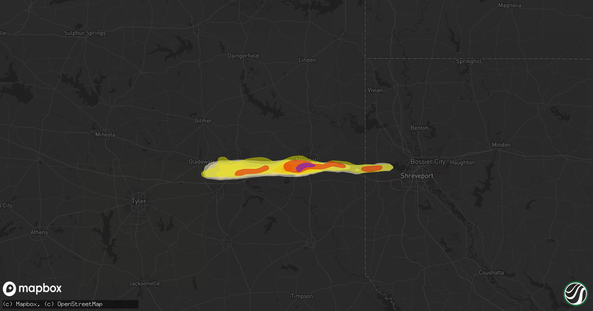 Hail map in Marshall, TX on January 19, 2022