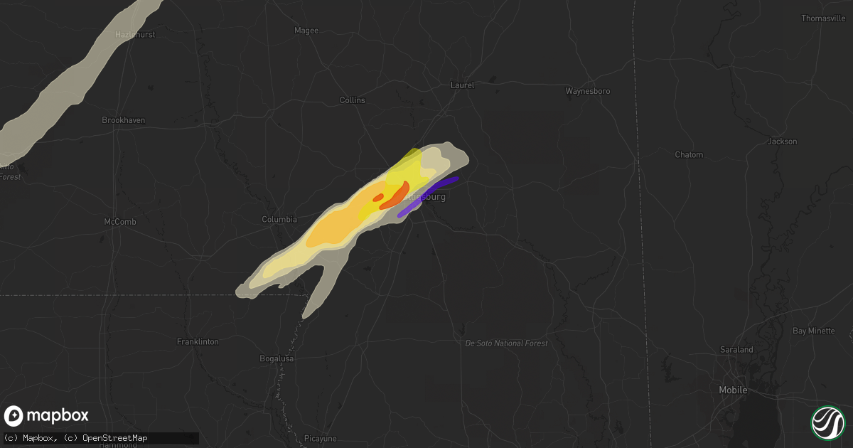 Hail map in Hattiesburg, MS on January 20, 2017