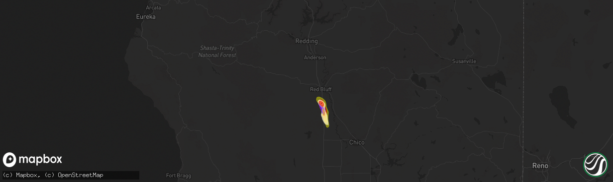 Hail map in Red Bluff, CA on January 23, 2016