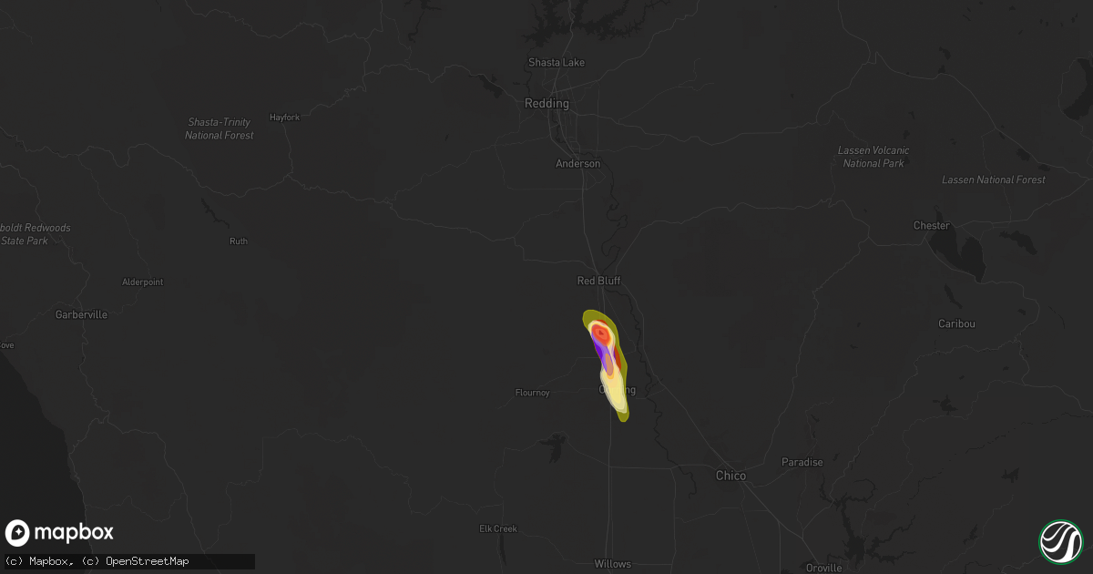 Hail map in Red Bluff, CA on January 23, 2016