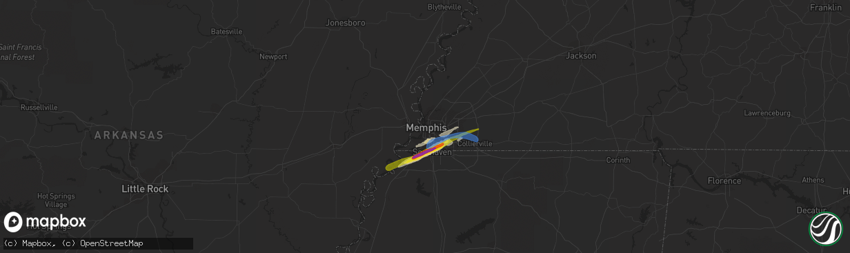 Hail map in Memphis, TN on January 25, 2021