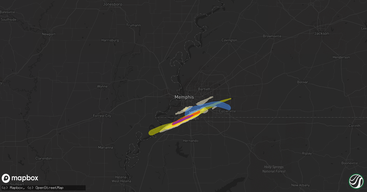 Hail map in Memphis, TN on January 25, 2021
