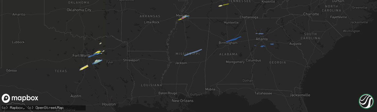 Hail map in Mississippi on January 25, 2021