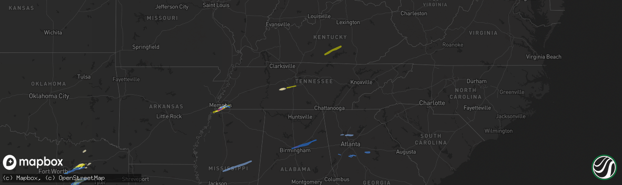 Hail map in Tennessee on January 25, 2021