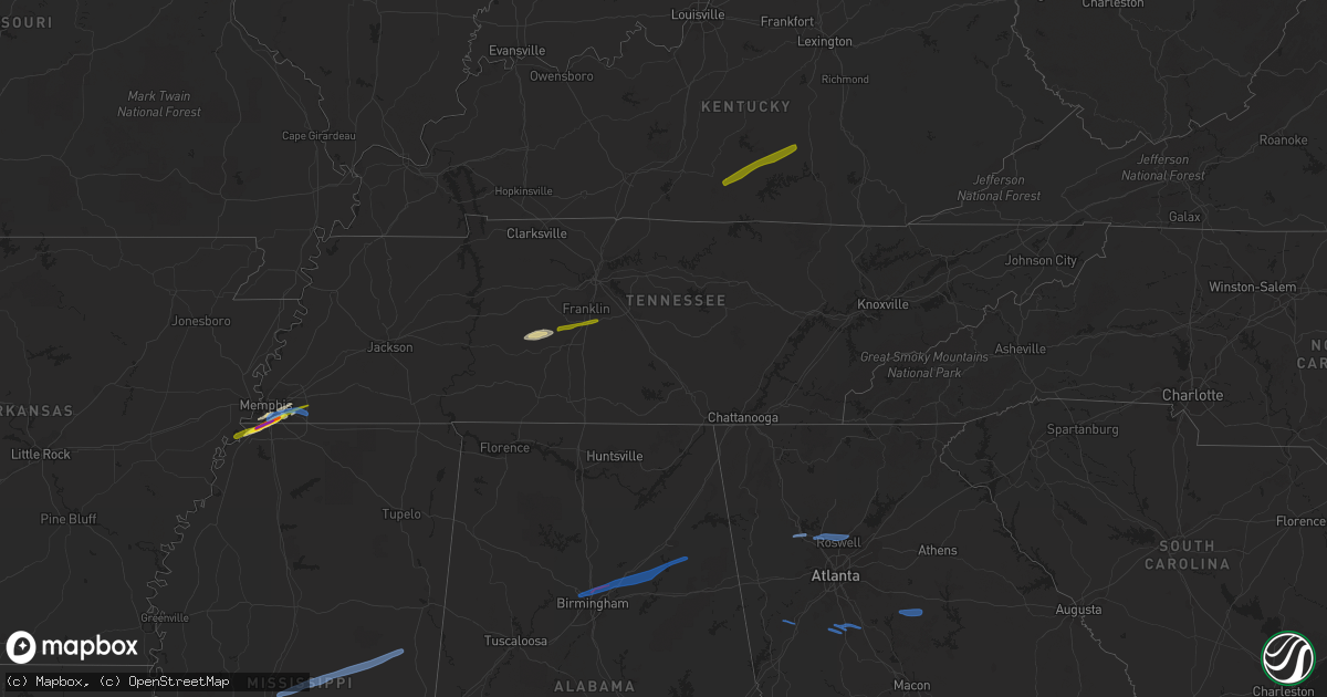 Hail map in Tennessee on January 25, 2021