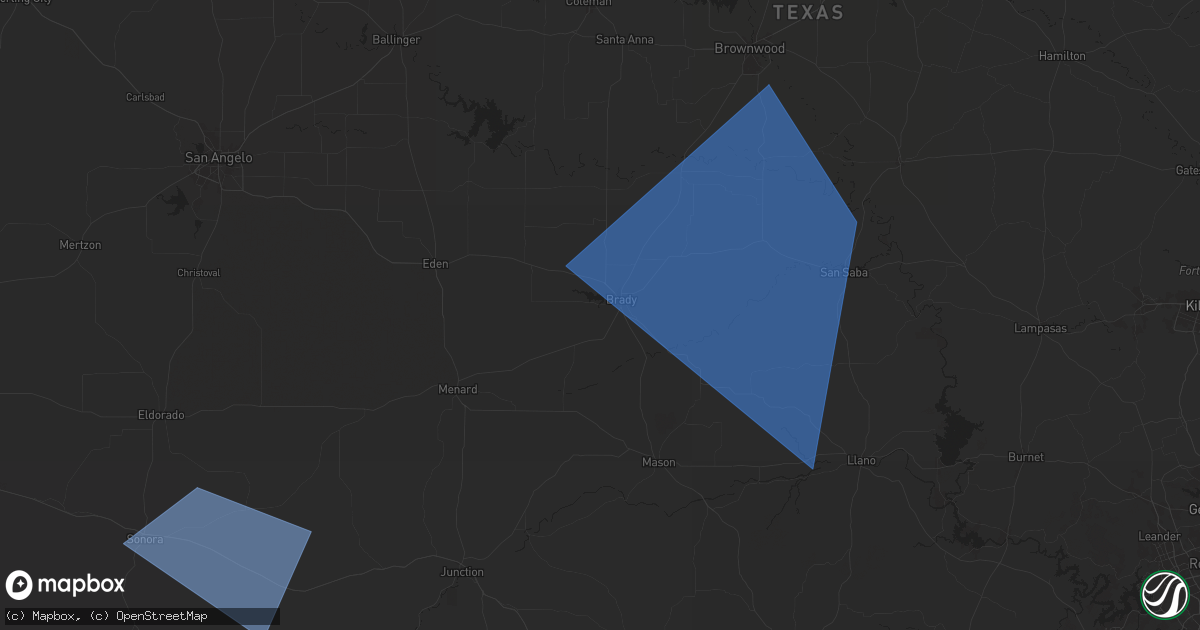 Hail map in Brady, TX on January 25, 2026