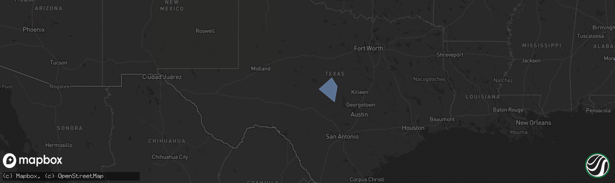 Hail map in Texas on January 25, 2026