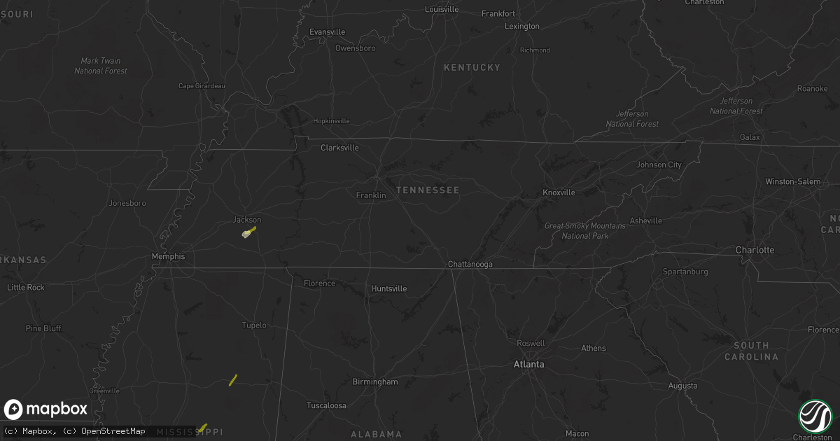 Hail map in Tennessee on February 2, 2016