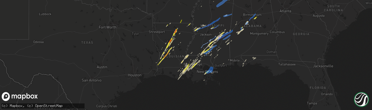 Hail map in Louisiana on February 5, 2020