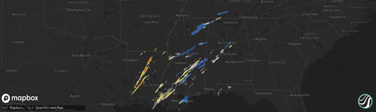 Hail map in Mississippi on February 5, 2020