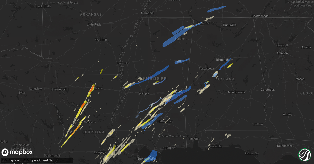 Hail map in Mississippi on February 5, 2020