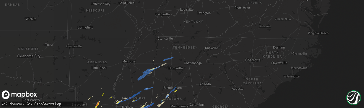 Hail map in Tennessee on February 5, 2020