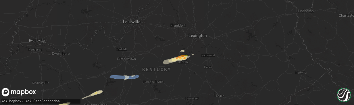 Hail map in Harrodsburg, KY on February 5, 2025