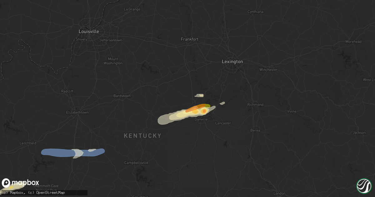 Hail map in Harrodsburg, KY on February 5, 2025