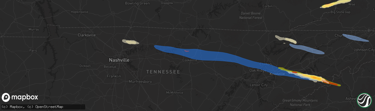 Hail map in Cookeville, TN on February 6, 2025