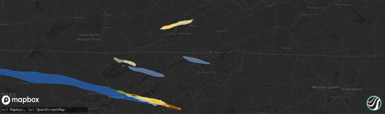 Hail map in Kingsport, TN on February 6, 2025