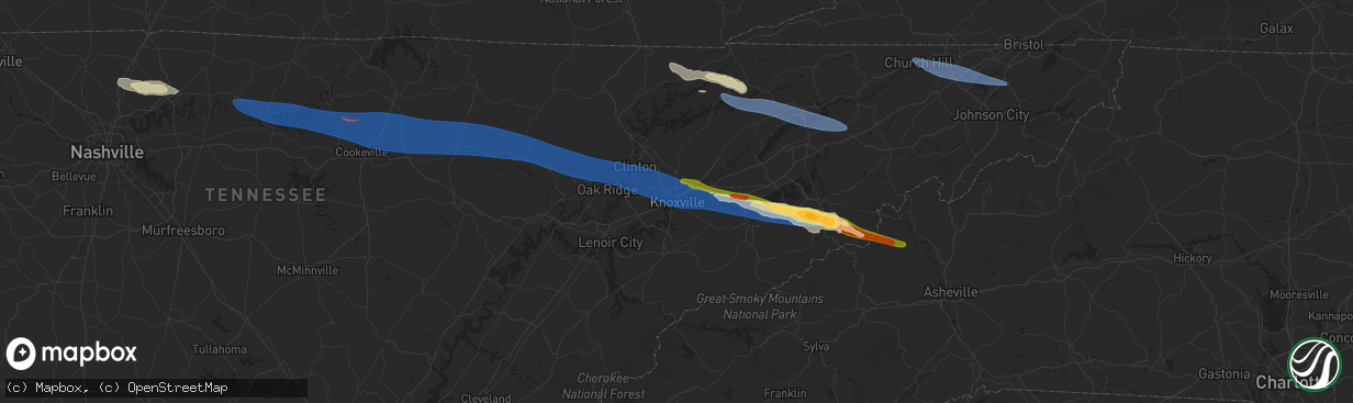 Hail map in Knoxville, TN on February 6, 2025