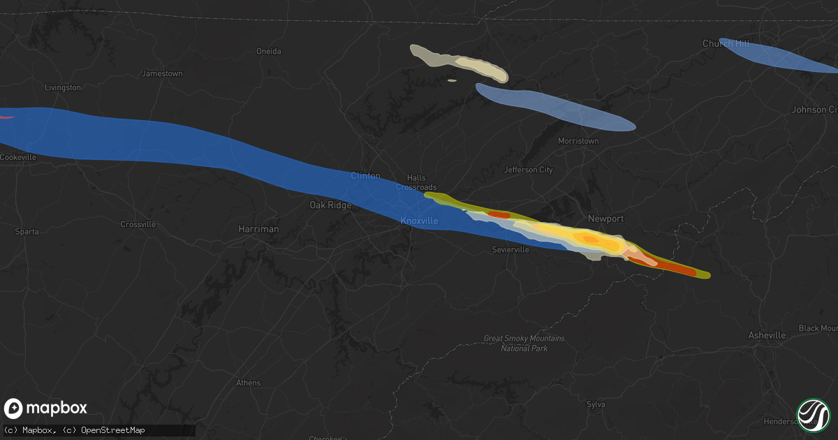 Hail map in Knoxville, TN on February 6, 2025