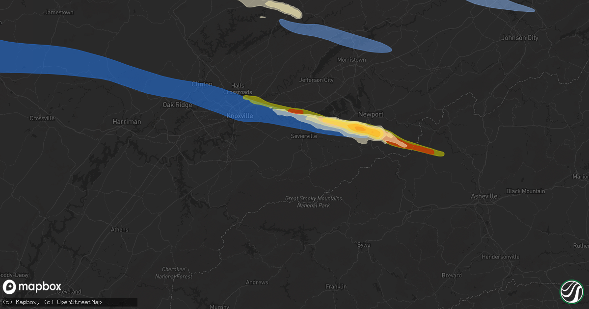 Hail map in Sevierville, TN on February 6, 2025