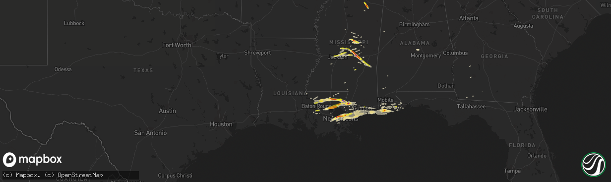 Hail map in Louisiana on February 7, 2017