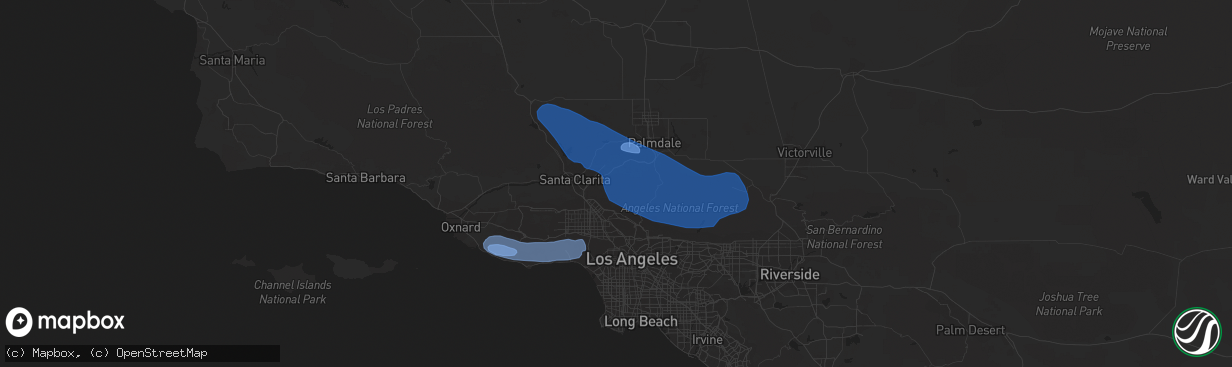 Hail map in Calabasas, CA on February 7, 2024