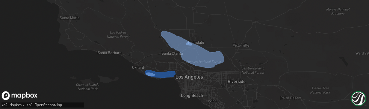 Hail map in Palmdale, CA on February 7, 2024