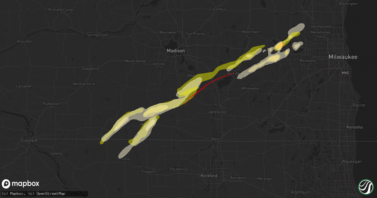 Hail map in Evansville, WI on February 8, 2024