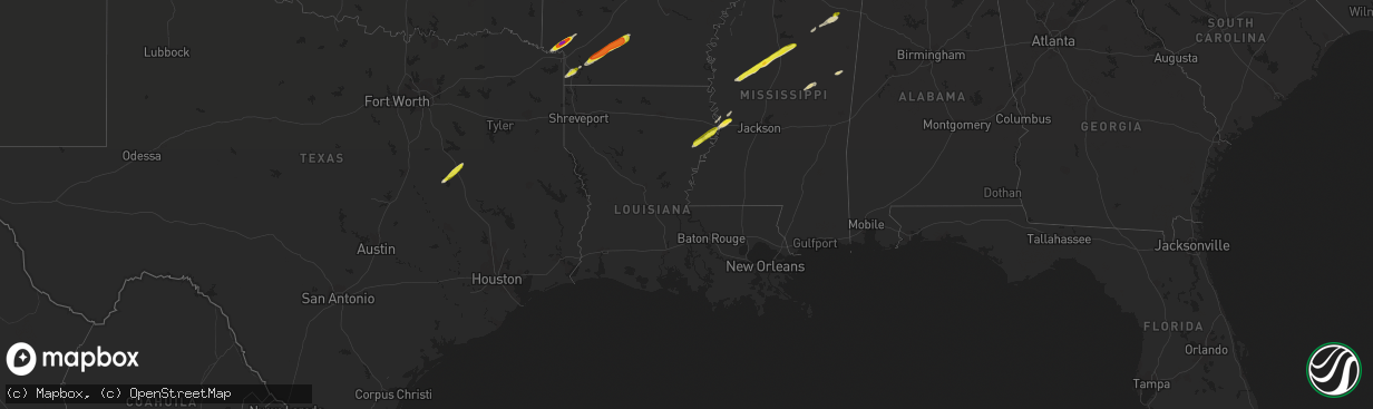 Hail map in Louisiana on February 9, 2020