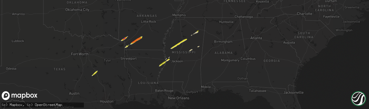 Hail map in Mississippi on February 9, 2020