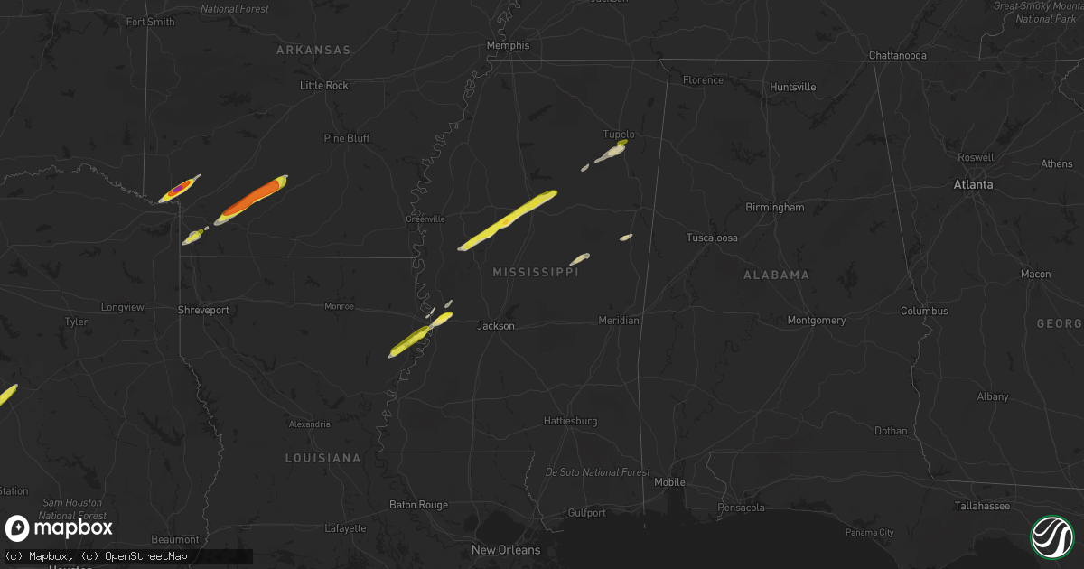 Hail map in Mississippi on February 9, 2020