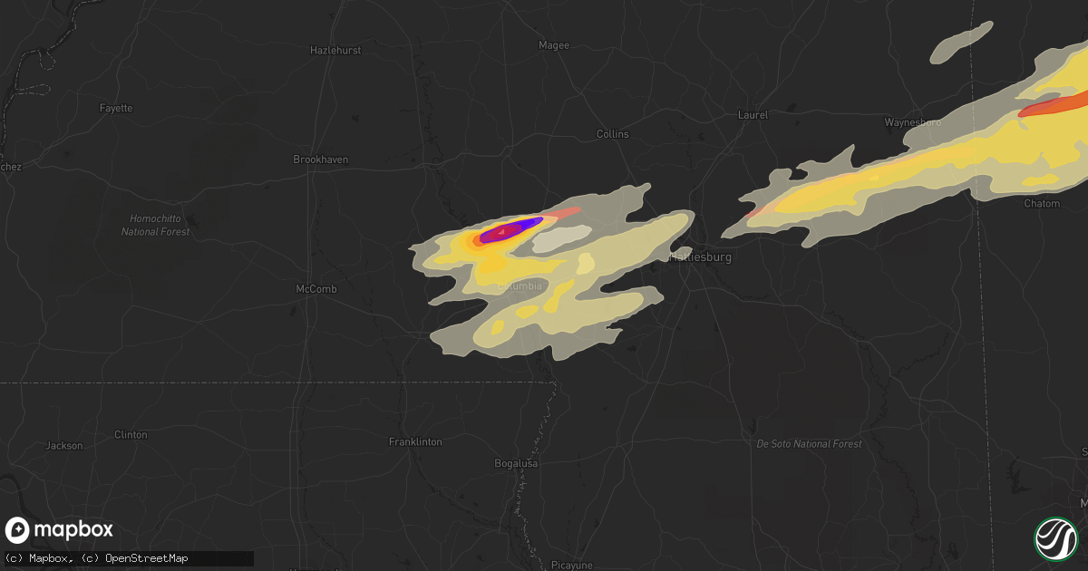 Hail map in Columbia, MS on February 10, 2013