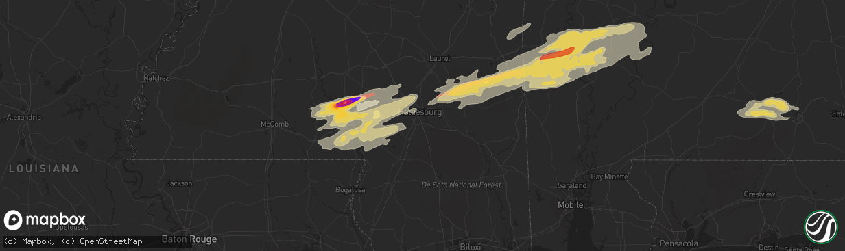 Hail map in Hattiesburg, MS on February 10, 2013