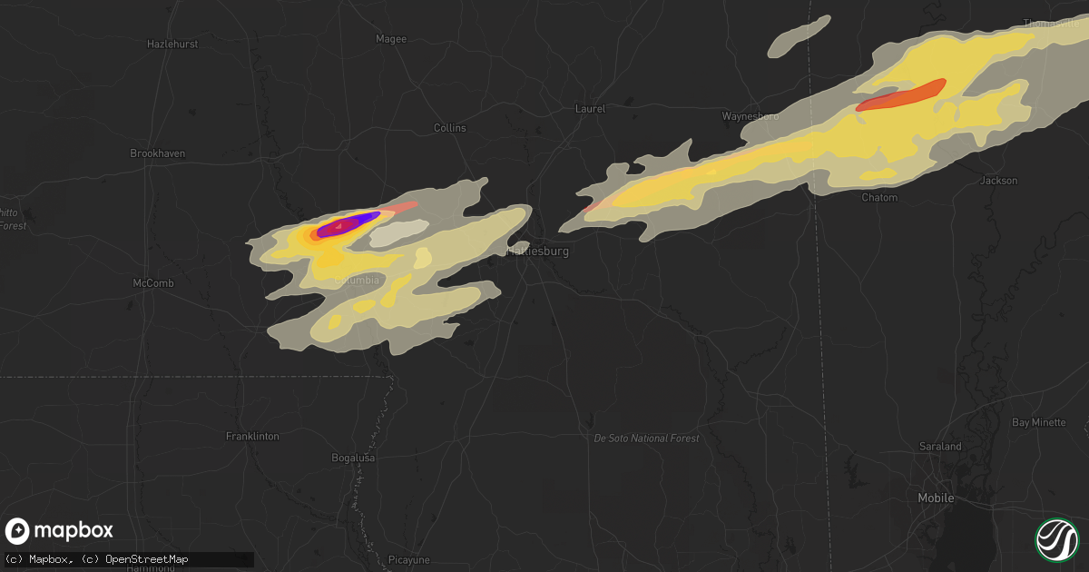 Hail map in Hattiesburg, MS on February 10, 2013