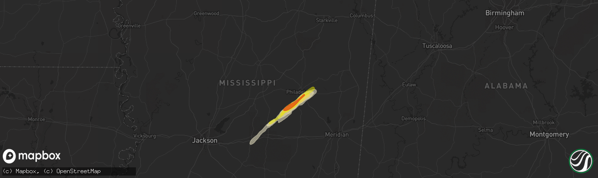 Hail map in Philadelphia, MS on February 10, 2021