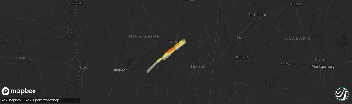 Hail map in Union, MS on February 10, 2021