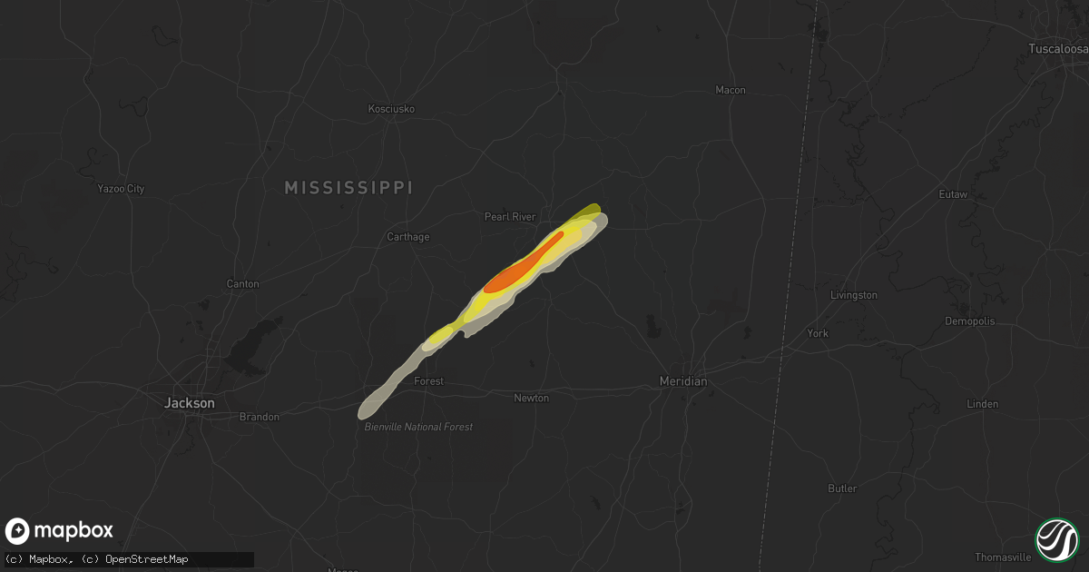 Hail map in Union, MS on February 10, 2021