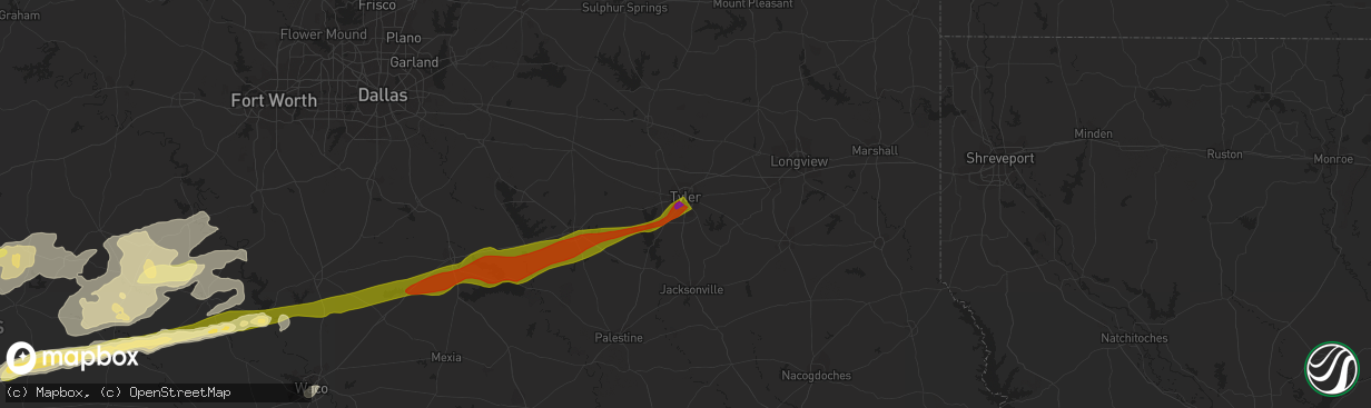 Hail map in Tyler, TX on February 10, 2024